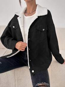 SHEIN Unity 翻蓋口袋落肩袖毛絨內襯夾克 - 黑色 - 查看 3