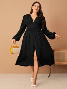 SHEIN Privé Plus Lantern Sleeve Split Thigh Dress - Black - View 1
