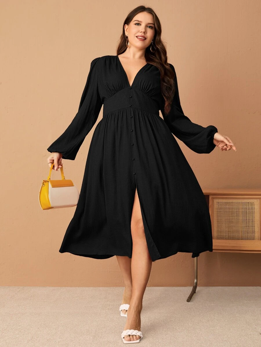 SHEIN Privé Plus Lantern Sleeve Split Thigh Dress - Black - View 1
