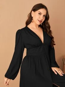 SHEIN Privé Plus Lantern Sleeve Split Thigh Dress - Black - View 3