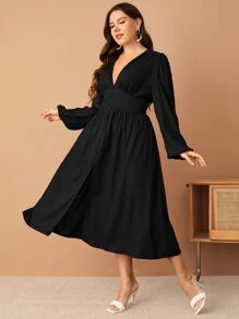 SHEIN Privé Plus Lantern Sleeve Split Thigh Dress - Black - View 4