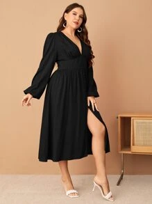 SHEIN Privé Plus Lantern Sleeve Split Thigh Dress - Black - View 5
