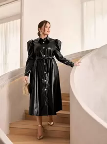Modelyn Plus Gigot Sleeve Belted PU Leather Shirt Dress - Black - View 1