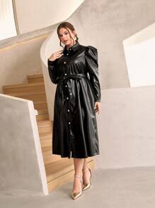 Modelyn Plus Gigot Sleeve Belted PU Leather Shirt Dress - Black - View 5
