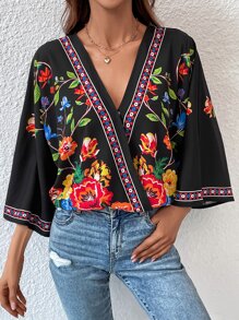 SHEIN VCAY 印花蝙蝠袖圍裹襯衫