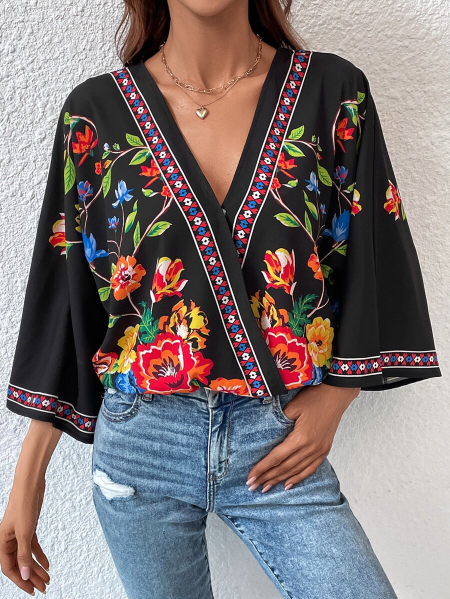 SHEIN VCAY 印花蝙蝠袖圍裹襯衫