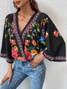 SHEIN VCAY 印花蝙蝠袖圍裹襯衫