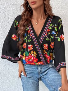 SHEIN VCAY 印花蝙蝠袖圍裹襯衫