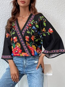 SHEIN VCAY 印花蝙蝠袖圍裹襯衫