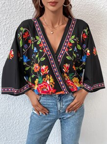 SHEIN VCAY 印花蝙蝠袖圍裹襯衫