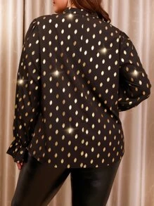 Celure Plus Gold Dot Print Flounce Sleeve Blouse - Chocolate Brown - View 2