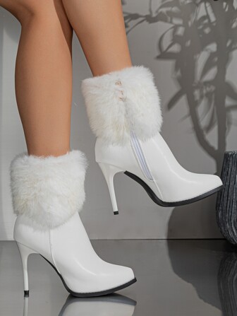 Fall/Winter Real Rabbit Fur White Fluffy Platform Chunky Heel Pointed Toe Ankle Boots,Kitten Heels