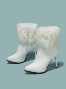 Rabbit's Hair Fuzzy Panel Point Toe Stiletto Heeled Classic Boots - White - View 2