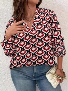 SHEIN Franclia 大碼滿版印花四分之一無紐扣開襟襯衫 - 彩色 - 查看 1