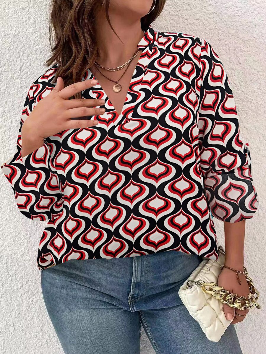 SHEIN Franclia 大碼滿版印花四分之一無紐扣開襟襯衫 - 彩色 - 查看 1