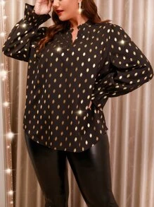 Celure Plus Gold Dot Print Flounce Sleeve Blouse - Chocolate Brown - View 6