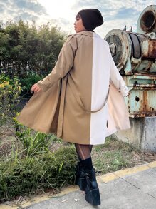 SHEIN Unity Gabardina de dos tonos de manga raglán de doble botonadura con cinturón - Multicolor - Ver 2