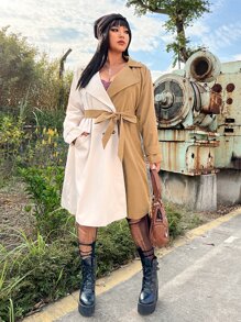 SHEIN Unity Gabardina de dos tonos de manga raglán de doble botonadura con cinturón - Multicolor - Ver 3