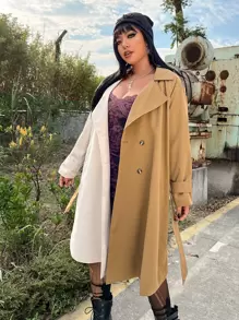 SHEIN Unity Gabardina de dos tonos de manga raglán de doble botonadura con cinturón - Multicolor - Ver 4