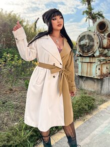 SHEIN Unity Gabardina de dos tonos de manga raglán de doble botonadura con cinturón - Multicolor - Ver 5