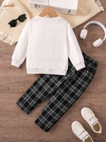 小男童格紋和包包印花套頭衫和褲子