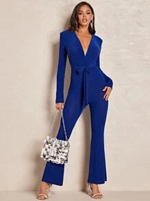 SHEIN BAE Plunge Neck Belted Flare Leg Jumpsuit - Royal Blue - View 1