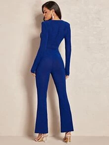 SHEIN BAE Plunge Neck Belted Flare Leg Jumpsuit - Royal Blue - View 2