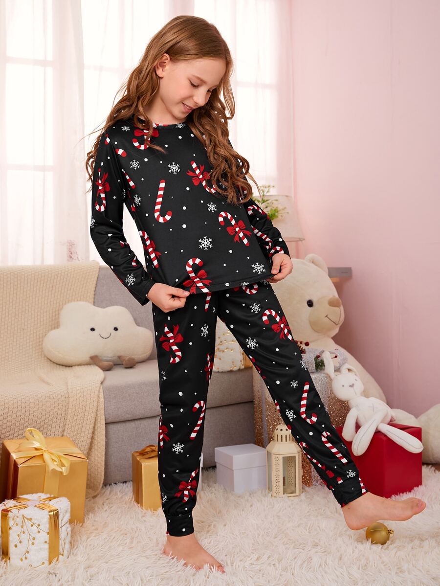 Girls Christmas Print PJ Set - Black - View 1