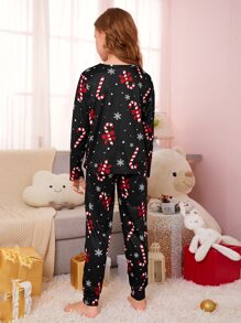 Girls Christmas Print PJ Set - Black - View 2
