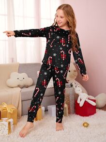Girls Christmas Print PJ Set - Black - View 4
