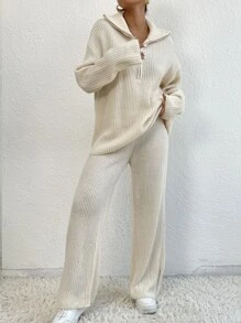 Quarter Zip Drop Shoulder Jumper & Knit Trousers - Apricot - View 1