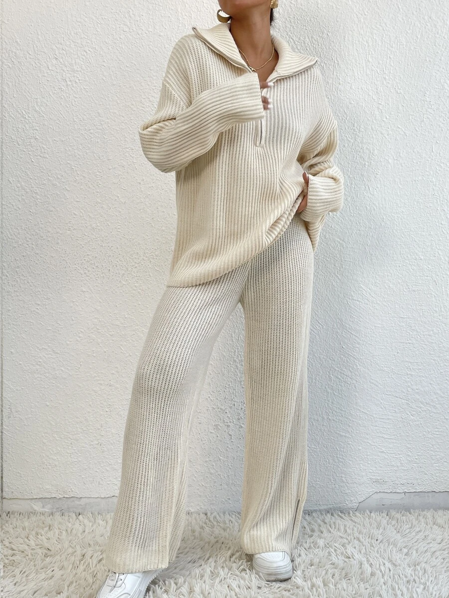 Quarter Zip Drop Shoulder Jumper & Knit Trousers - Apricot - View 1
