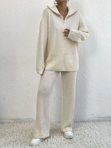 Quarter Zip Drop Shoulder Jumper & Knit Trousers - Apricot - View 3