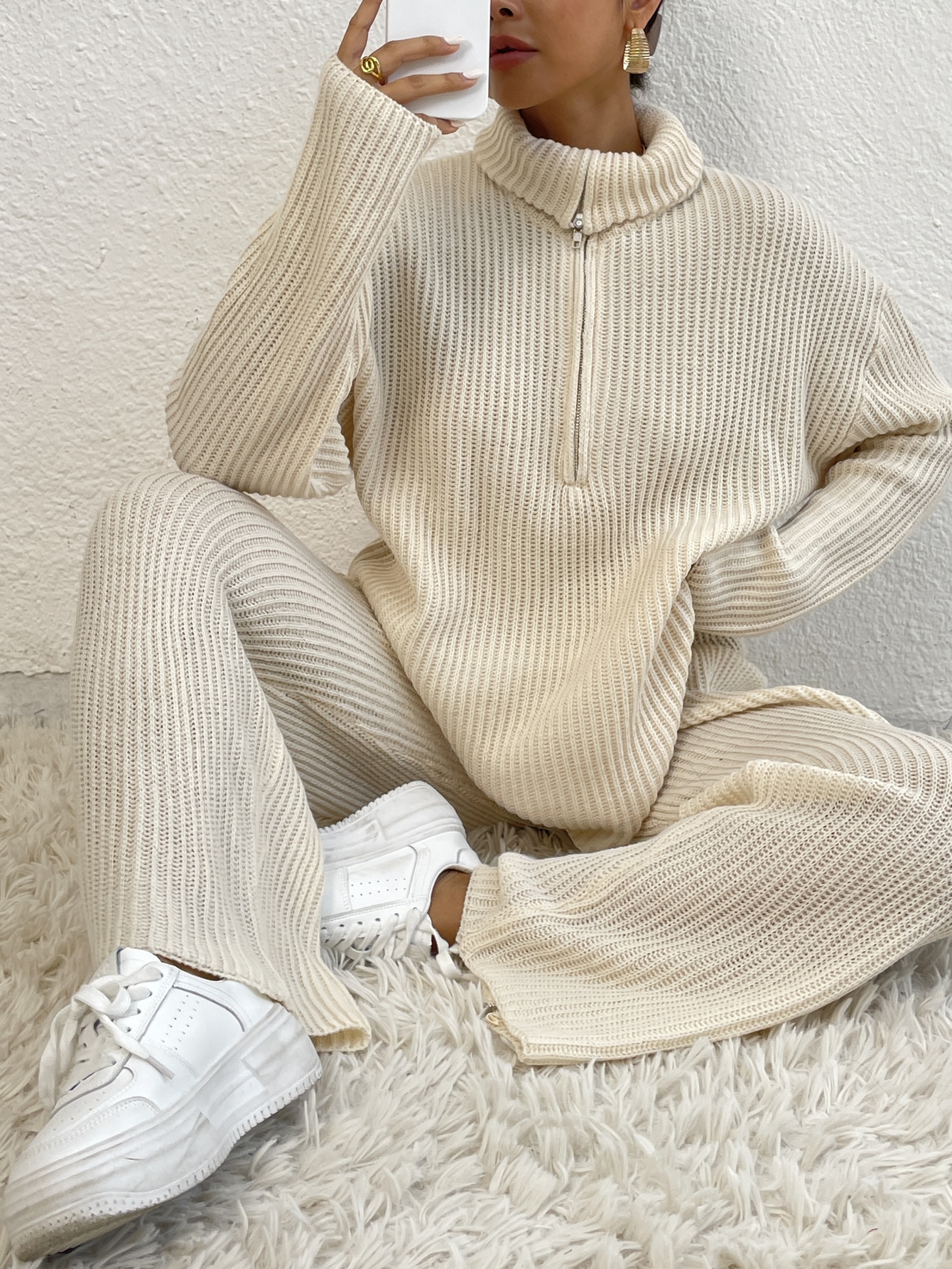 Quarter Zip Drop Shoulder Sweater & Knit Pants SHEIN USA