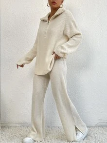 Quarter Zip Drop Shoulder Jumper & Knit Trousers - Apricot - View 7