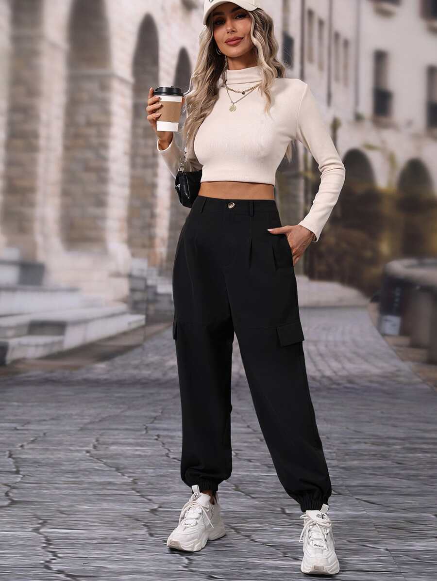 SHEIN Essnce Flap Pocket Cargo Trousers - Black - View 1