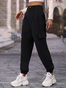 SHEIN Essnce Flap Pocket Cargo Trousers - Black - View 3