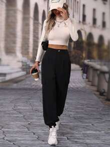 SHEIN Essnce Flap Pocket Cargo Trousers - Black - View 5