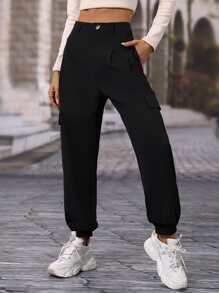 SHEIN Essnce Flap Pocket Cargo Trousers - Black - View 6