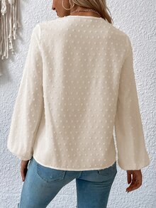 SHEIN LUNE 圓點水溶蕾絲拼接燈籠袖襯衫 - 杏色 - 查看 2