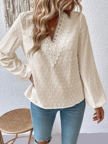 SHEIN LUNE 圓點水溶蕾絲拼接燈籠袖襯衫 - 杏色 - 查看 3