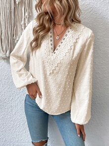 SHEIN LUNE 圓點水溶蕾絲拼接燈籠袖襯衫 - 杏色 - 查看 5