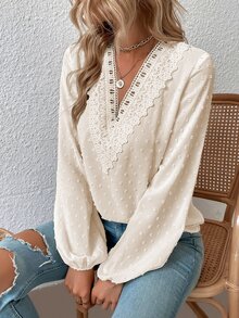 SHEIN LUNE 圓點水溶蕾絲拼接燈籠袖襯衫 - 杏色 - 查看 6