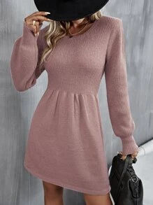 SHEIN Unity Ribbed Knit Lantern Sleeve Sweater Dress