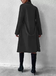 Calvaya Lapel Neck Double Breasted Belted Coat Fall Winter Cloth For Women - Black - View 2