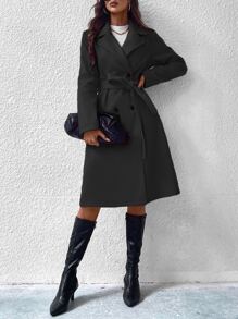 Calvaya Lapel Neck Double Breasted Belted Coat Fall Winter Cloth For Women - Black - View 6