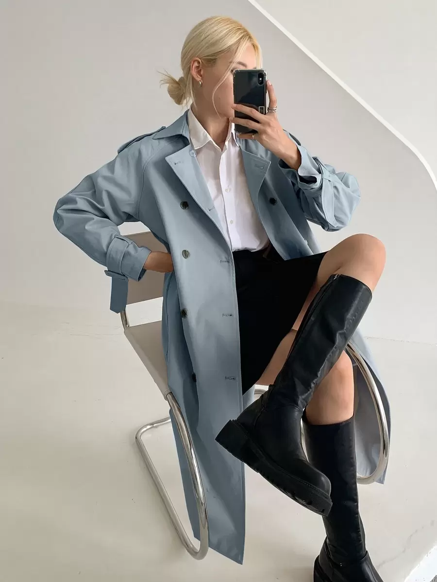 DAZY Raglan Sleeve Epaulettes Design Slit Back Double Breasted Trench Coat,Fall Clothes Women Jacket