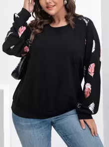 SHEIN LUNE Sudadera con estampado de pluma de manga raglán - Negro - Ver 1