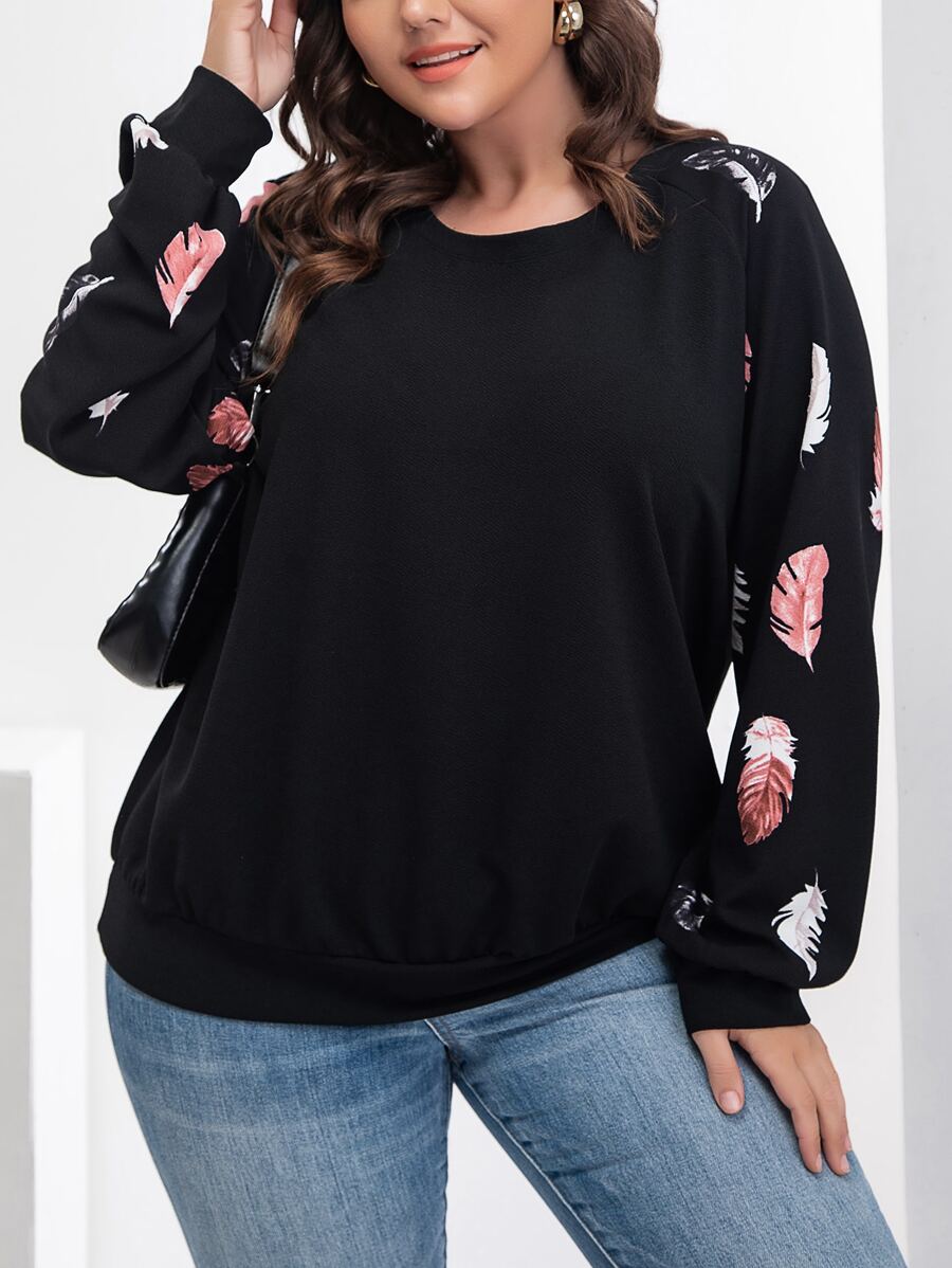SHEIN LUNE Sudadera con estampado de pluma de manga raglán - Negro - Ver 1
