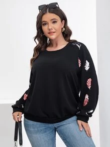 SHEIN LUNE Sudadera con estampado de pluma de manga raglán - Negro - Ver 3